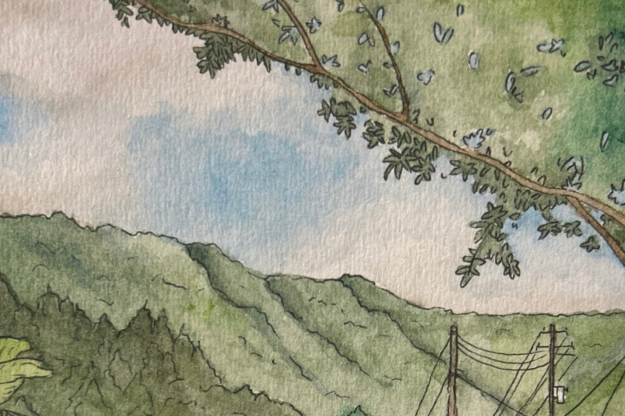 Artistic depiction of a landscape with hills, trees, and power lines.